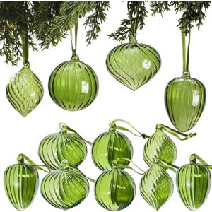 VitalCozy 12 Pcs 3.15 Inch Glass Christmas Ball Ornaments Large Vintage Hand Blown Hanging Glass Balls Retro Xmas Tree Finials Ornaments for Home Christmas Tree Party Holiday Wreath Decor(Green)