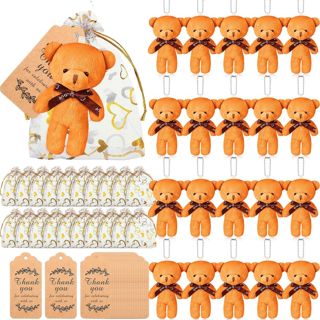 Libima 60 Pcs Mini Bear Baby Shower Decorations First Baby Shower Favors Party Supplies Souvenirs 4.7 Tiny Soft Stuffed Plush Bears Bulk with Thank You Tag and Heart Organza Bag(Yellow)
