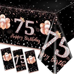 GREHUMOR 3Pcs 75th Birthday Tablecloth Decorations for Women-Rose Gold Pink Table Cloth Happy 75 Birthday Theme Party Supplies Table Cover Plastic Disposable Rectangular Party Decorations