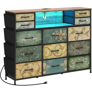 Tohomeor Retro Dresser with Charging Station & LED Light with Boho Fabric Drawers for Bedroom Chest of Drawers TV Stand with Power Outlet Open Shelf Storage (13 Drawers)