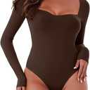 REORIA Womens Sweetheart Neck Sexy Long Sleeve Double Lined Bodysuit Body Suit Going Out Thong Top, Size M