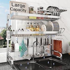 Over The Sink Dish Drying Rack, Extra Large Capacity Dish Drainer | 3 Tier Extra Large All Stainless Steel Expandable Plate Strainers, Rustproof Metal, Counter Space Saving, Modern Silver