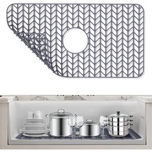 AWOKE Sink Protectors for Kitchen Sink - 26"x 14" Sink Mat - Heat-resistant Easy-clean Silicone Sink Mat - for Protection of Stainless Steel Sink - with Center Drain (Grey),Kitchen Sink Accessories