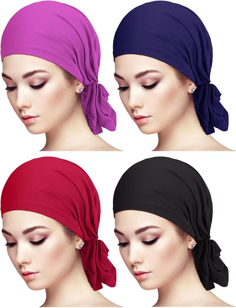 4 Pieces Slip-On Pre-Tied Head Scarves Women Headwear Turban Beanie Caps Head Wrap Headscarf for Women