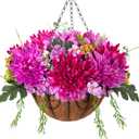 HyeFlora Artificial Mums Flowers Baskets for Outside Decoration, Fake Hanging Silk Fuchsia Flower, Faux Chrysanthemum Summer UV Resistant Realistic for Porch Yard Autumn Decor