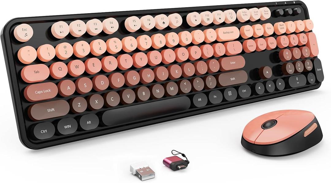 Wireless Keyboard and Mouse Combo, Retro Typewriter Keyboard with Round Keycaps, Full-Size Ergonomic, Aurora Red, Ideal for Windows PC, Home, Office, and College