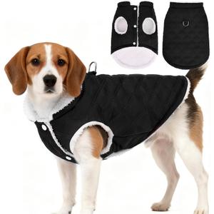 PUPTECK Dog Winter Coat, Warm Fleece Pet Jacket with Harness Built in, Water Resistant Windproof Collar Dog Puffer Vest, Doggy Snowsuits for Medium Small Dogs Cold Weather Apparel Outdoor, Black L