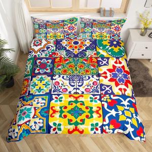 Erosebridal Colorful Mexican Style Queen Duvet Cover,Retro Talavera Tile Bedding Set for Kids Adults Room Decor,Exotic Ethnic Boho Bed Set Patchwork Floral Print Duvet Cover 3Pcs