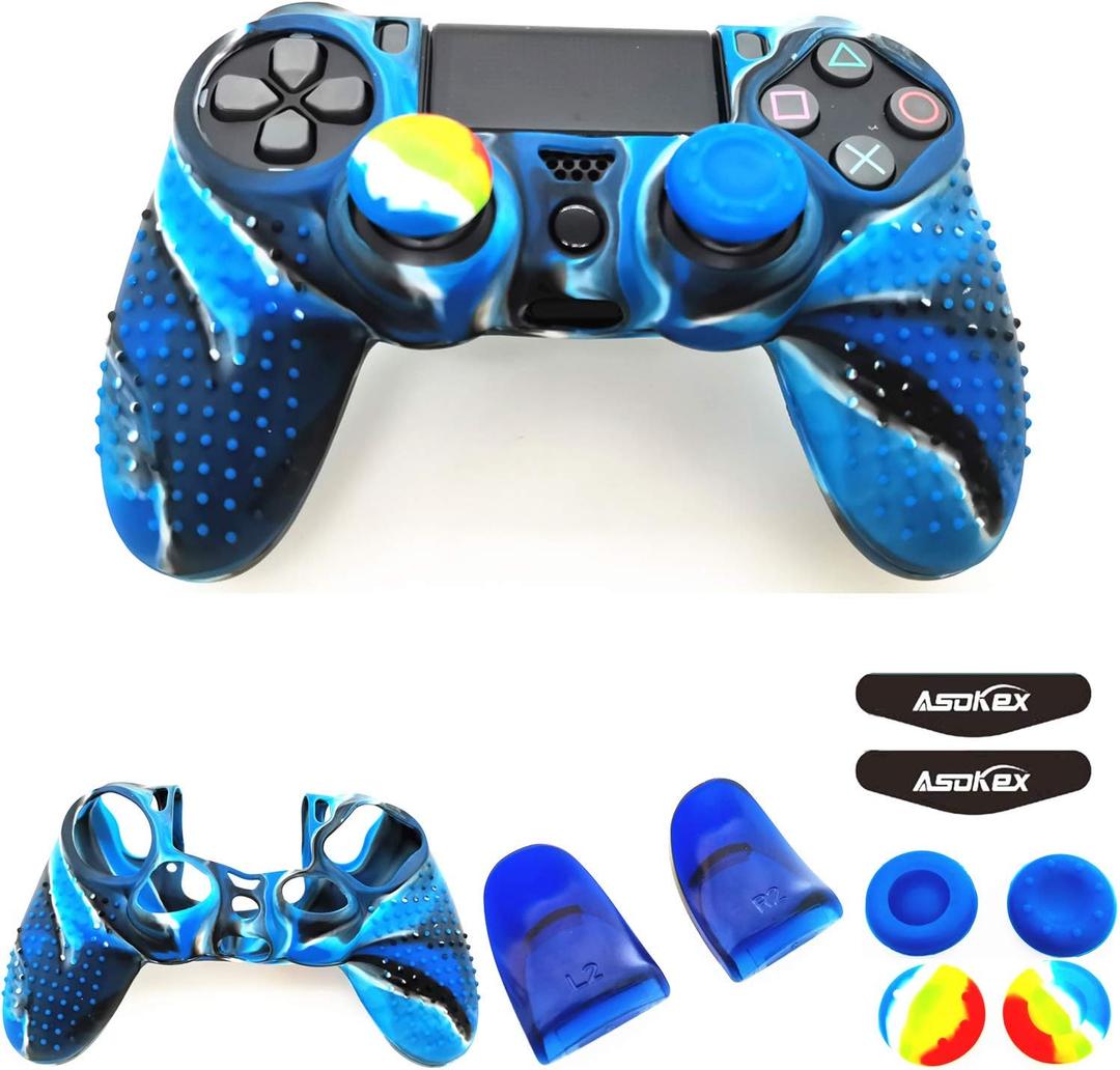 Silicone Skin Cover for Ps4 Controller (1pc Anti-Slip Case, 1 Pair L2 R2 Trigger Extender, 4pcs Thumb Grips,4pcs LED Light Bar Decal) Protector for DualShock PS4/ Slim/Pro Controller (Blue granular)