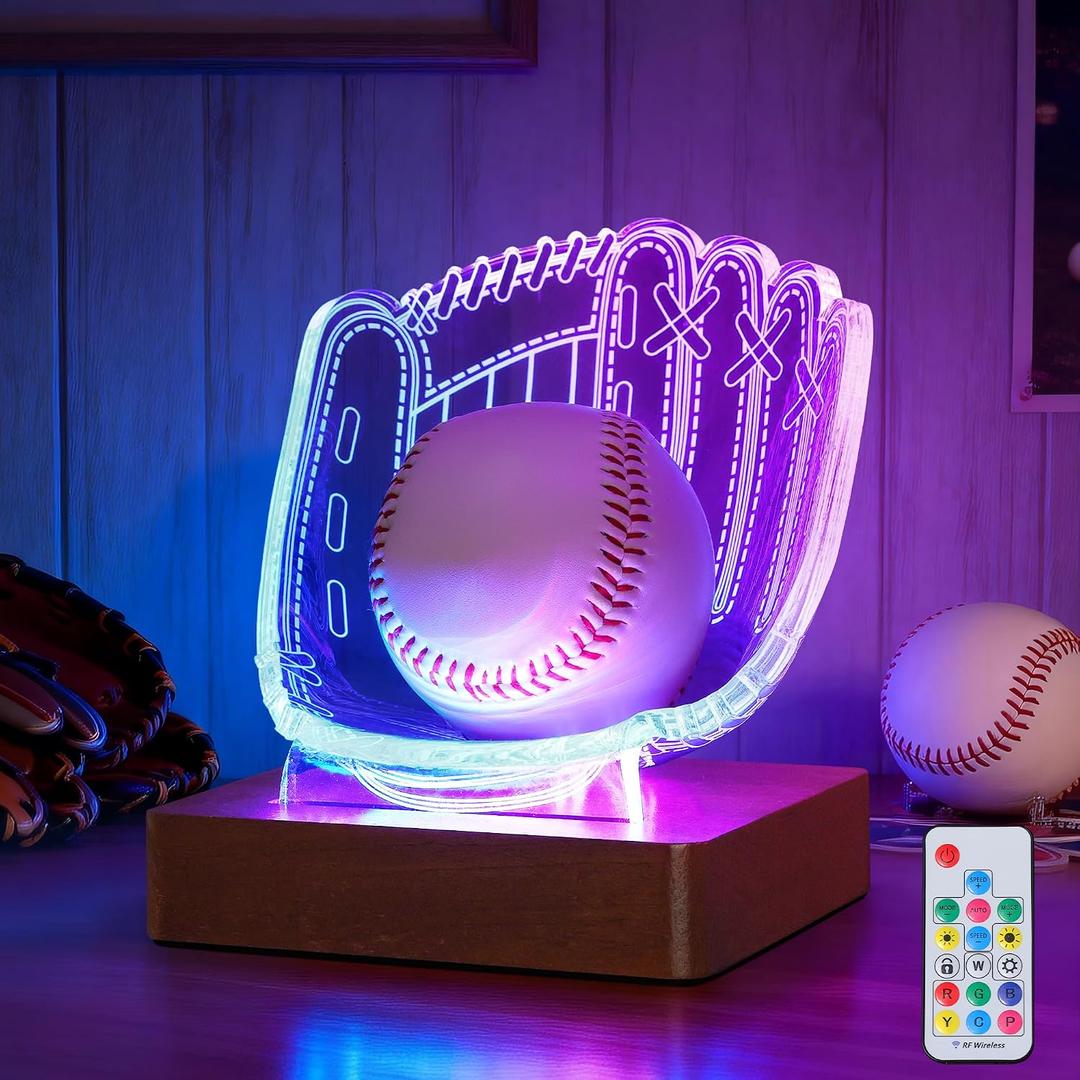 CoolGift Mart Light Up Baseball Glove Display Stand, Acrylic Wooden LED 3D Night Lamp with USB Powered, Desk Decor Lamp for Bedroom College Dorm, Gift for Baseball Players Lovers