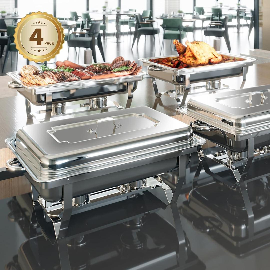 Chafing Dish Buffet Set, 4 Pack 8QT Chafing Dish High Grade Stainless Steel Chafer Complete Set, Kitchen and Dining Utensils, Gray Handle, Silver