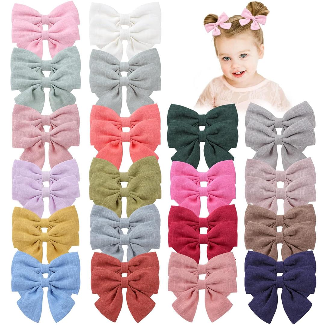 OAOLEER Hair Clip, 40Pcs 3.5Inch Hair Bows for Toddler Girls, Linen Neutral Pigtail Bows Accessories in 20 Colors
