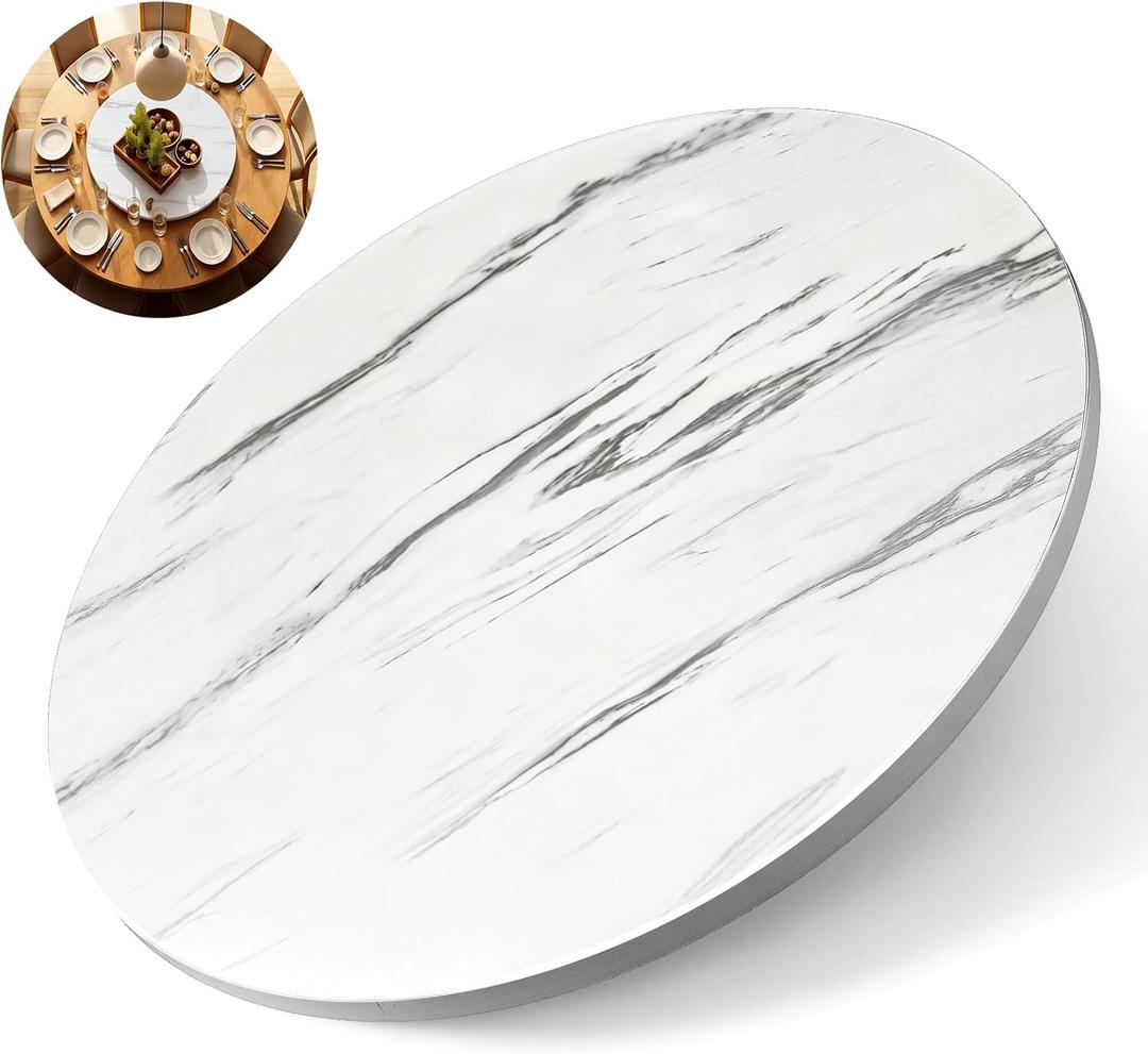 Briwooody 24" Lazy Susan Turntable, Marble White Rotating Wood Tray