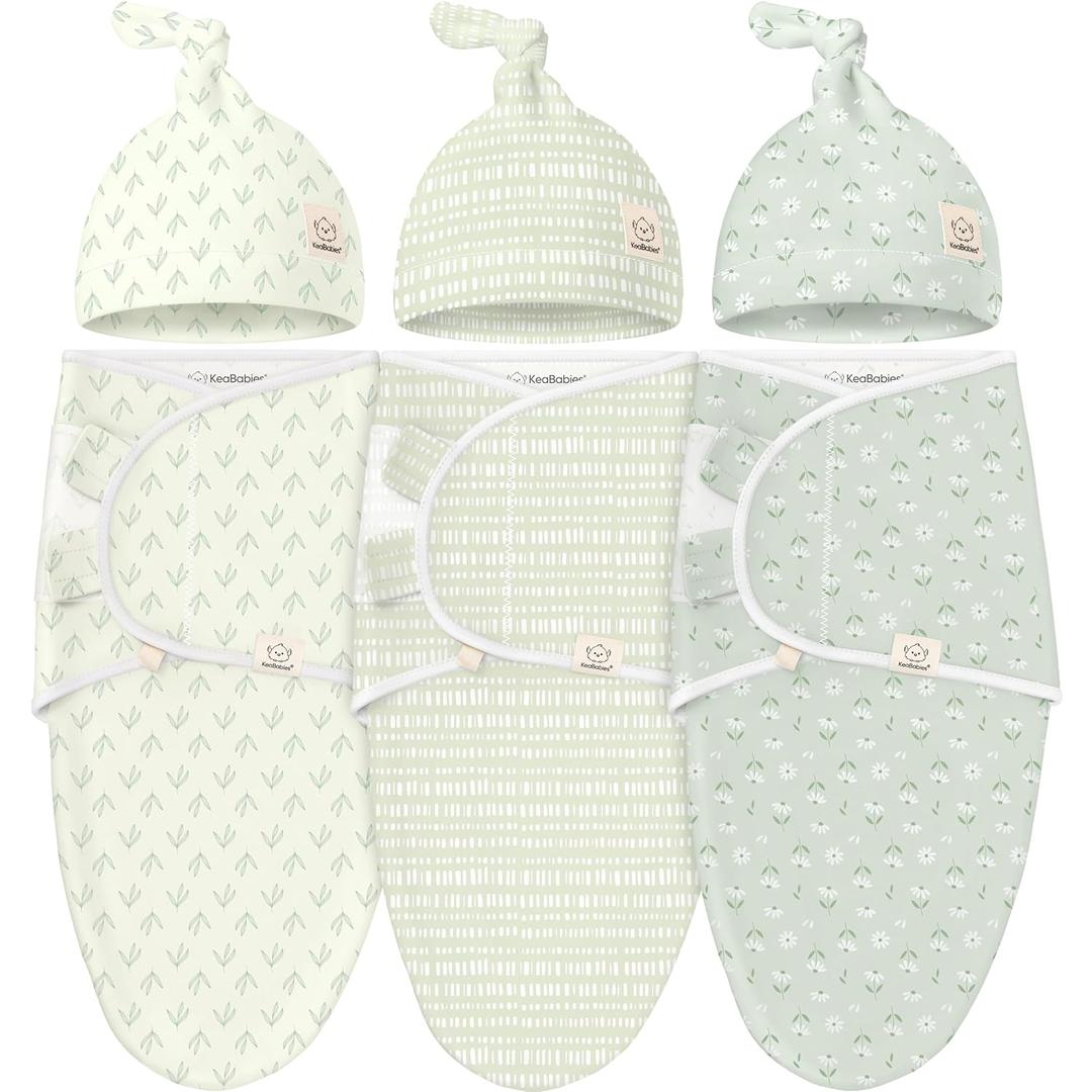 KeaBabies 3-Pack Swaddles for Newborns, Girls, Boys with Hats - Organic Soft Baby Sleep Sacks, Breathable Baby Swaddle 3-6 Months Beanies Set, Premie Infant Sleep Sack 0-3 Months (Leafy) (One Size)