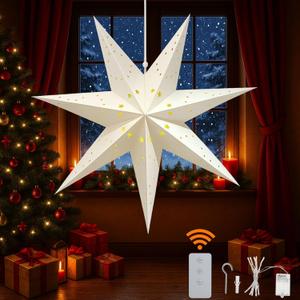 23" Paper Star Lantern with LED Lights, 7-Point Hanging Star Light for Christmas, Advent, Wedding, Birthday Classic White 3D Paper Lantern with Remote for Indoor Outdoor Decor