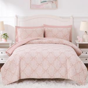 Wink Deer Full Size Comforter Sets with Sheets for Girls-7 Pieces Jacquard Bed in A Bag Full Size Bedding Sets with Pink Comforter, Sheets, Pillowcases & Shams for Kids (Pink Diamond, 76" X 86")