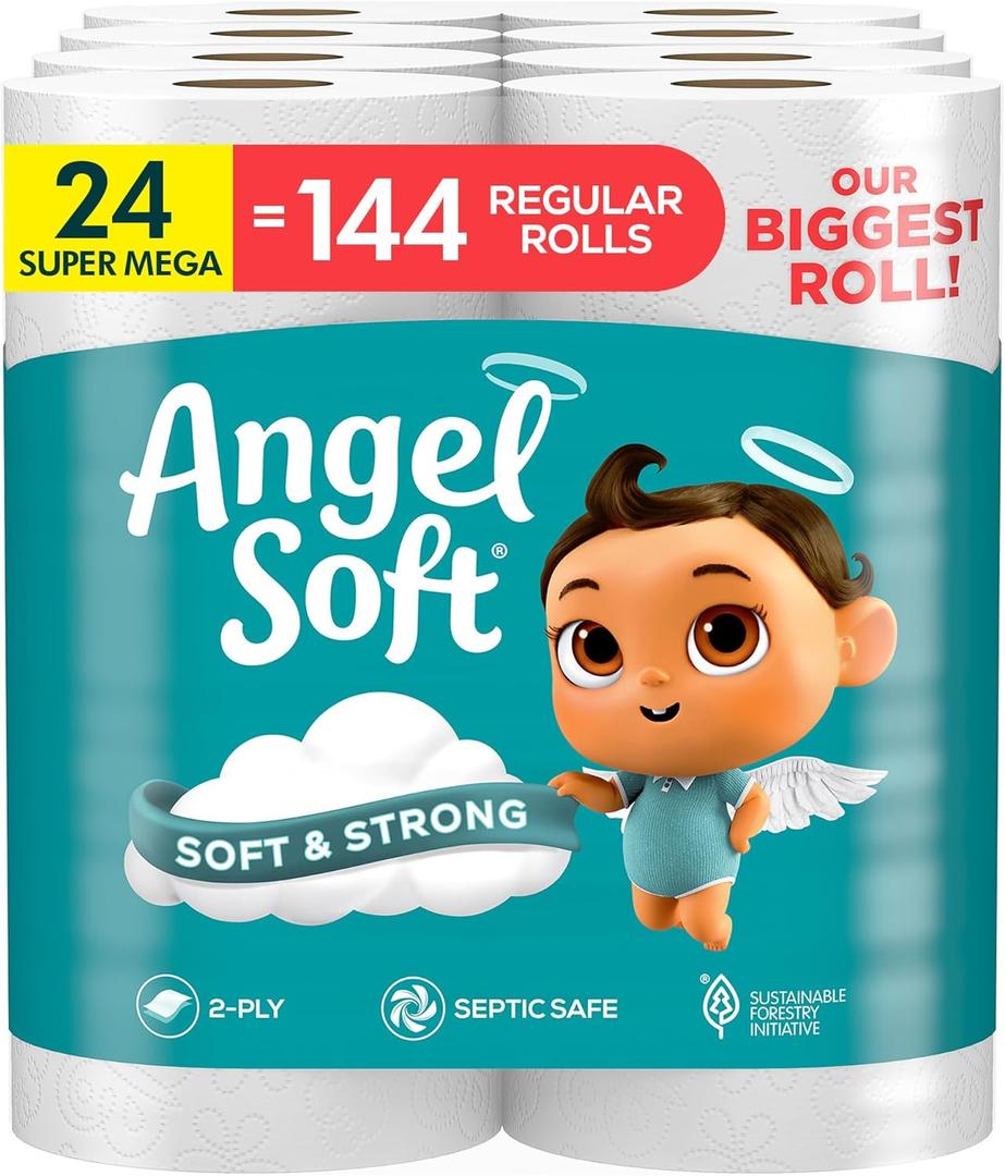 Angel Soft Toilet Paper, 24 Super Mega Rolls = 144 Regular Rolls, Soft and Strong Toilet Tissue (480 Sheet (Pack of 24))