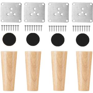 Set of 4 Nature Wood Furniture Leg, 6 Inch Round Sofa Feet Replacement Legs, Chair Bed Closet Cabinet Furniture Feet with Metal Mounting Plates, Screws, Floor Protector Pads for Table Couch