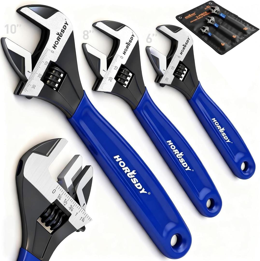 HORUSDY 3-Piece Adjustable Wrench Set (6/8/10 in), Wide Jaw Black Oxide Finish, Cr-V Steel, Metric & SAE Scales, Adjustable Spanner Set for Home Garage Workshop