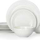Famiware Garden 12-Piece Embossed Plates and Bowls Sets, Stoneware Reactive Glaze Dishes Dinnerware Set, Modern Rustic, Chip & Scratch Resistant, Microwave & Dishwasher Safe, Service for 4, White