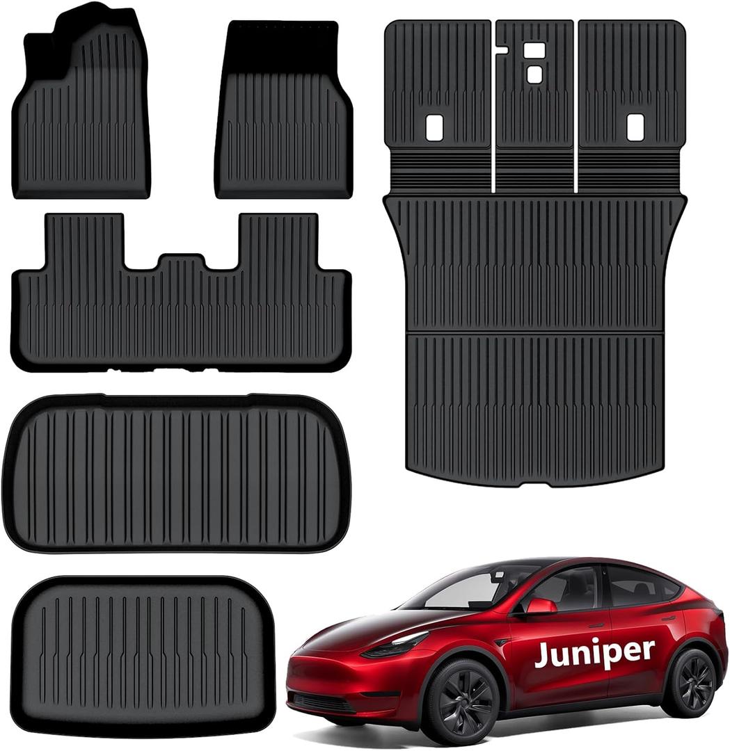 AUXKO All Weather Floor Mats for 2025 2026 New Tesla Model Y Juniper Cargo Mat with Backrest Mat & Front Trunk Liner & Rear Cargo Mat Car Full Set TPE Liners Accessories Guard Odorless Anti-Slip Mats