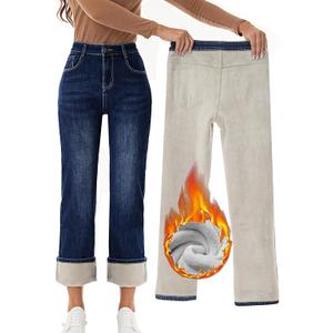 Yehopere Women's Fleece Lined Jeans Straight Leg Wide Jeans Winter Sherpa Flannel Lined Thermal Denim Pants, Medium