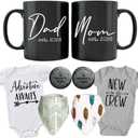 Pregnancy Gift Set - New Mom and Daddy Est 2026 11 oz Mug Set with "Adventure Awaits & New to Crew" Onesie 0-3 Months - Baby Changing Coin - Baby Bibs - Mom & Dad Gift Set for Expecting Parents to Be