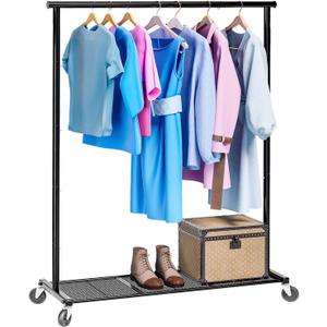 Clothing Rack with Wheels, Heavy Duty Clothes Rack for Hanging Clothes, Rolling Portable Garment Rack with Bottom Mesh Shelf, Black