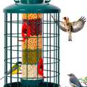 Caged Bird Feeder for Wild Birds Outside, Large Squirrel-Proof Heavy-Duty Metal Hanging Tube Bird Feeder, 4 Feeding Ports, 13.2'' High, 3LB Seed Capacity (Green)