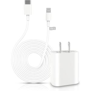 iPhone Fast Charger, [Apple MFi Certified] 20W PD USB C Wall Charger Block with 10FT Extra Long Type C to Lightning Charging Data Sync Cable Compatible for iPhone 14 13 12 11 XS XR X 8 iPad (White)