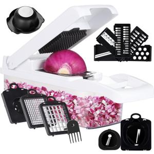 KEOUKE Vegetable Chopper Mandoline Slicer Pro - 16 in 1 Interchangeable Blades Food Chopper with Container, Hand Guard & Drainer, Veggie Dicer Spiralizer Kitchen Gadget for Onion, Cucumber, Fruit