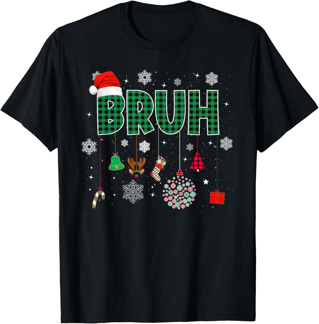 Bruh Christmas Green Plaid Boys Kids Girls Xmas Pajamas T-Shirt