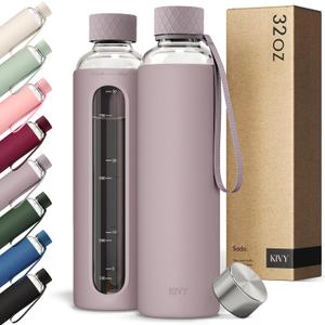 KIVY Glass Water Bottle with Silicone Sleeve 32 oz [WITH MEASUREMENT] - Borosilicate Glass Water Bottle Screw Top - Clear Bottles with Measurement Marking - Slim Waterbottle Aesthetic - Taupe (33.8 Ounces)
