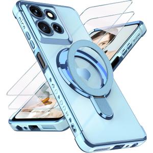 Compatible with Motorola Moto G 5G 2025 Love Heart Kickstand Case with Screen Protector: Luxury Plated Gold Edge Slim Soft TPU Shockproof Protection Case Cover for Moto G 5G 2025 (Blue)