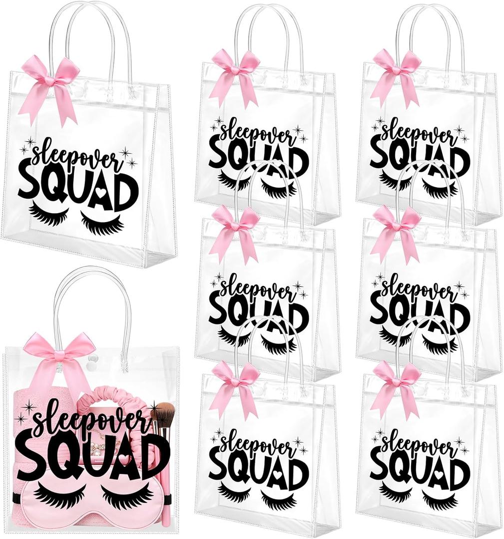 Vicenpal 6 Sets Clear Sleepover Gift Bag with Handles 6 Pcs Pink Bows PVC Plastic Spa Party Treat Goodie Snack Bags Sleepover Squad Theme Party Favors for Birthday Slumber Parties, 7.9 x 7.9 x 3.1''