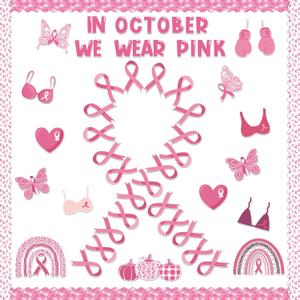123Pcs Pink Ribbon Breast Cancer Awareness Bulletin Board Classroom Decoration Set, Pink Ribbon Cutouts Name Tags Border Trim Charity Event Decor Office School Chalkboard Wall Supplies
