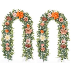 Waipfaru 2Pcs Fall Garland Decor, 6.07Ft Eucalyptus Flower for Table, Fall Floral With Terracotta Flowers for Wedding Arch Backdrop Wall Thanksgiving Decorations (Terracotta)