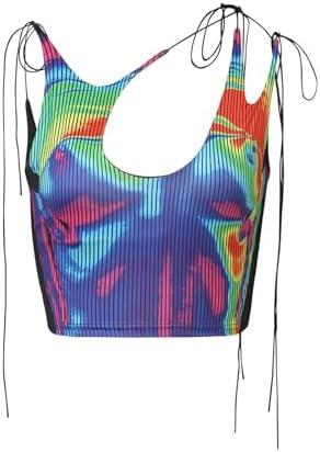 CAPE CLIQUE Y2K Tops Rave Outfits Sexy Tops for Women Party Club Night Halter Sleeveless 3D Body Print Summer Crop Tank Top, XS