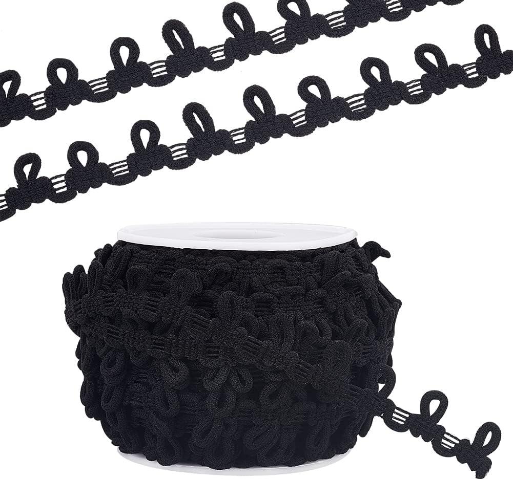 PH PandaHall 20 Yards Buttonhole Ribbon Braid Trim with Button Loops 14mm Button Braid Cord Black Elastic Loop Sewing Trim Lace Trim for Costume Crafts Sewing Wedding Bridal Dress Decor