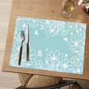 Artoid Mode Bule Weed Wild Flower Vinyl Plastic Placemats Set of 4, 12x18 Inch Woven Washable NonSlip PVC Place Mats for Party Kitchen Dining Decor, Blue