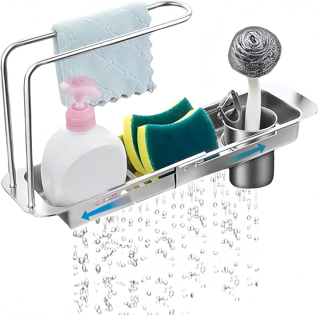 BRIUNN Stainless Steel Telescopic Over Sink Organizer Rack for Kitchen Expandable Over The Sink Shelf, Adjustable Sponge Holder Organizer, Kitchen Sink Organizers Inside Sink for Sponge Rack