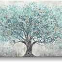 Abstract Landscape Canvas Wall Art: Teal Blue Blossm Tree Picture Modern Hand Painted Textured Painting Contemporary Nature Artwork for Bedroom Living Room Home Office