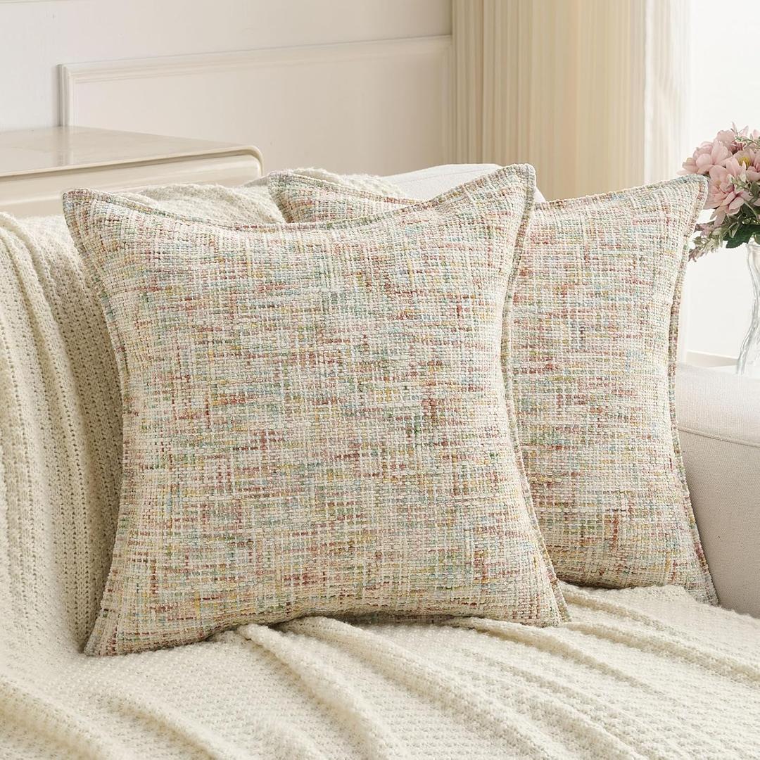 FUTEI Pack of 2 Chenille Tweed Vintage Throw Pillow Covers 20x20 Inch Soft Decorative Cushion Case Modern Farmhouse Accent for Couch Bed Living Room, Colorful