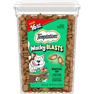 Temptations Wacky Blasts Cat Treats, Nautical 'Nip Flavor, 16 oz | Salmon, shrimp & catnip flavor bits, crunchy outside/soft inside, under 2 cal per treat, 100% complete nutrition, resealable (EXP 11/30/27)