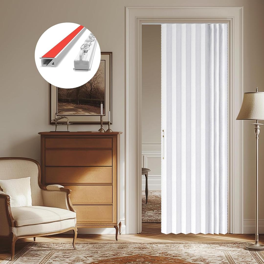 AJAZZ 100% Blackout Magnetic Door Curtain Patio Door Curtain Invisible Folding Door for Bedroom Living Room Accordion Doorway Curtains Sets Included Tracks (1Panel, 43W x 79 L, White)