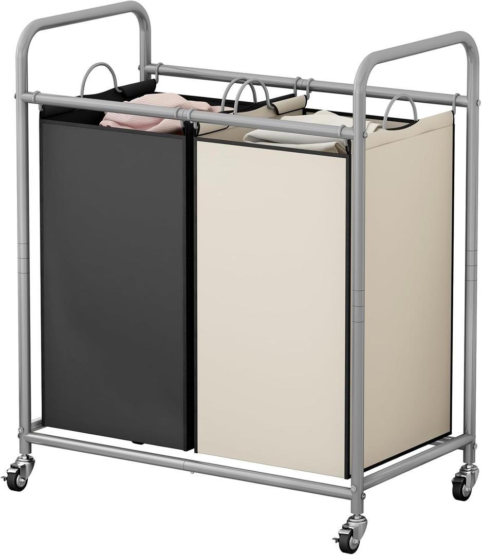 SUOERNUO Laundry Sorter Basket 2 Bag Laundry Hamper Cart with Rolling Lockable Wheels and Removable Bags Laundry Organizer Cart for Clothes Storage, Assorted
