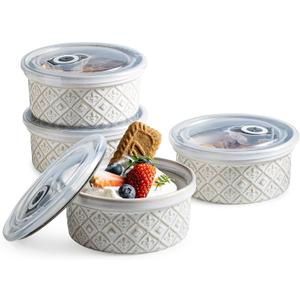 12 oz Souffle Ramekins Oven Safe with Lids, Small Creme Brulee Dishes, Ceramic Custard Cups Baking Bowls for Dessert, Dipping Sauce, Pudding, Set of 4, Beige