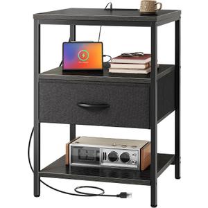 SUPERJARE Night Stand with Charger Station, 27.7 Inch Tall Nightstand with Adjustable Fabric Drawer, Bed Side Table, Fabric Drawer Dresser for Bedroom, Living Room, Black