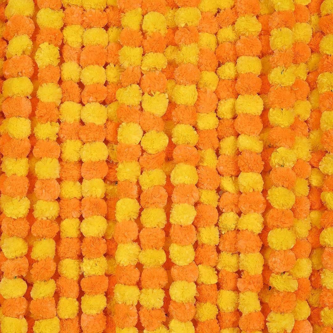 5 Feet Indian Marigold Garland for Decoration, Artificial Marigold Flowers for Diwali Halloween Day of Dead, Da de Los Muertos, Indian Wedding Flower Decoration (Yellow & Mango)