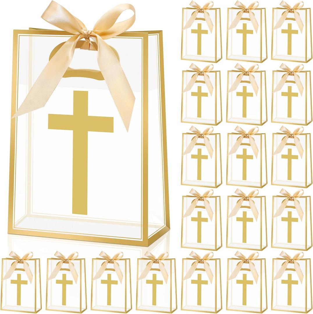 Gilprop 20 Pcs Religious Baptism Party Favor Bags Clear Gift Bags with Handles Ribbon for First Communion, Gold Cross Religious Christening Church Christian Baptism Supplies, 10 x 7 Inch (Gold), 1 count